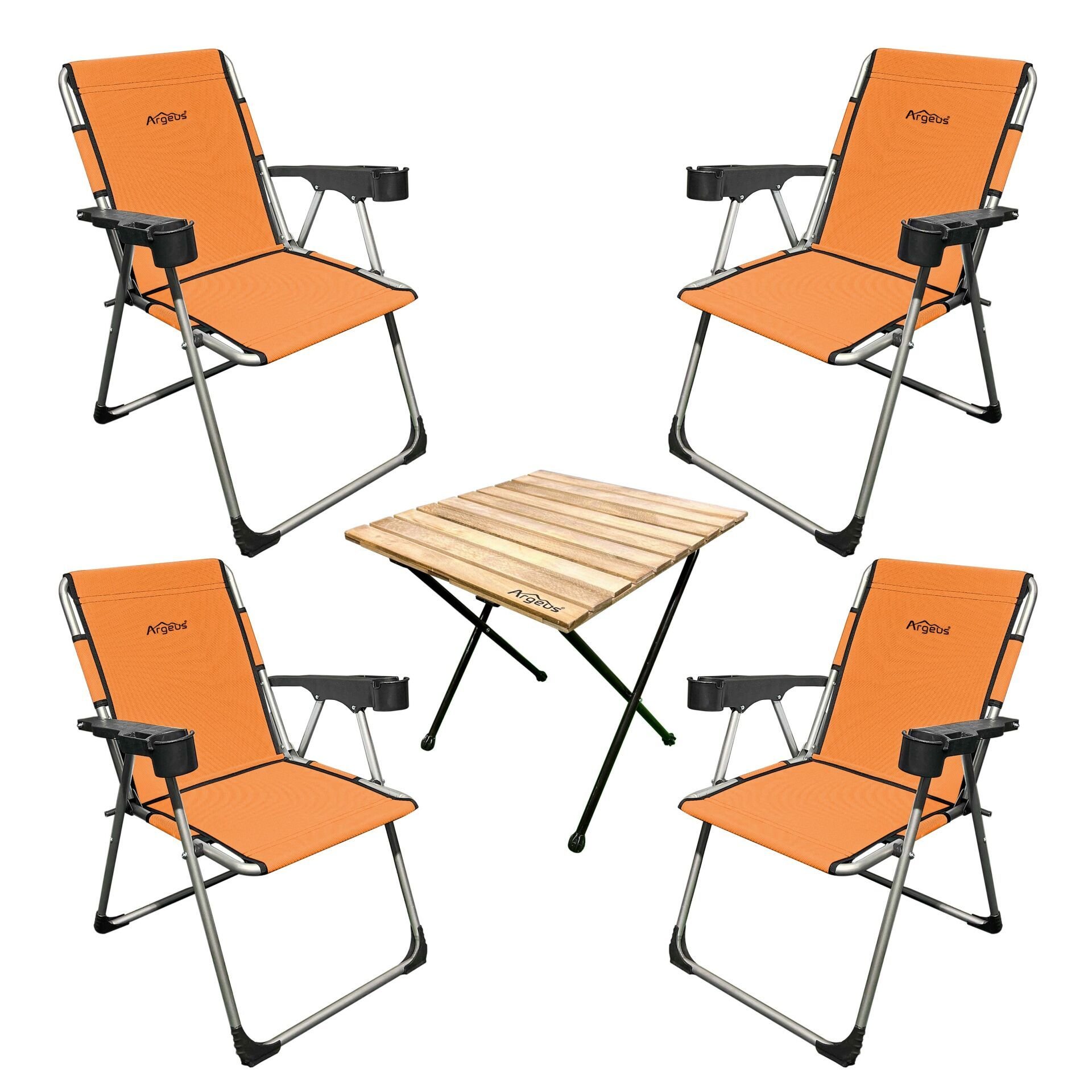 Argeus Rock 4'lü Bardaklı Katlanabilir Sandalye ve Masa Seti - Portakal (A-11)