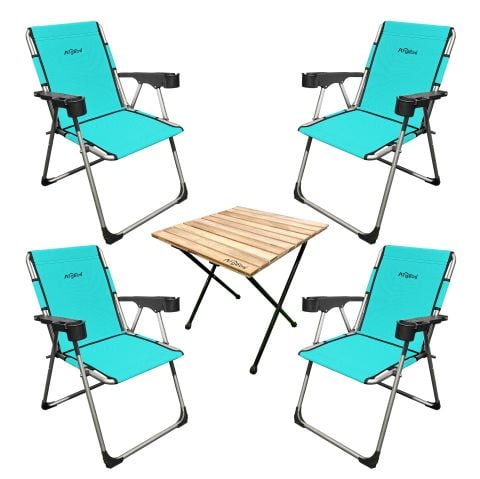 Argeus Rock 4'lü Bardaklı Katlanabilir Sandalye ve Masa Seti - Deniz Mavi (A-05)